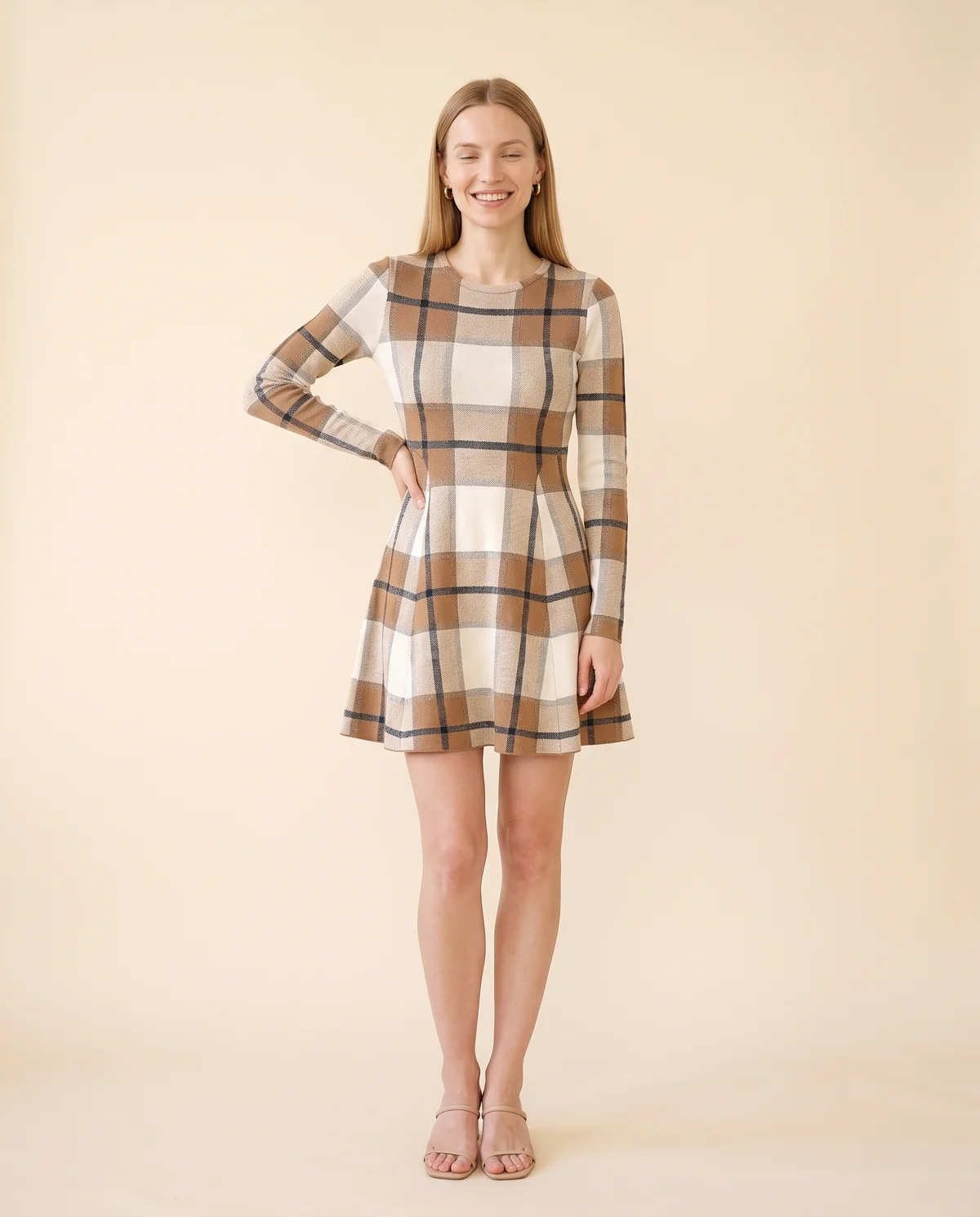 Plaid Knit Fit-and-Flare Mini Dress in Plaid, front view, worn by Maya