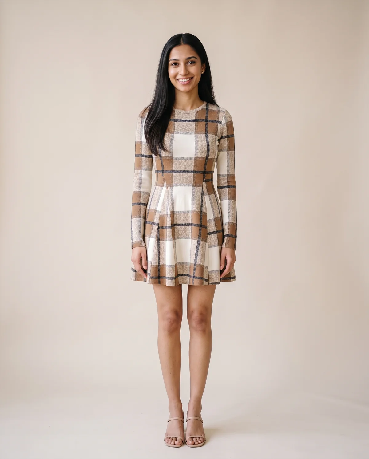 Plaid Knit Fit-and-Flare Mini Dress in Plaid, front view, worn by Priya