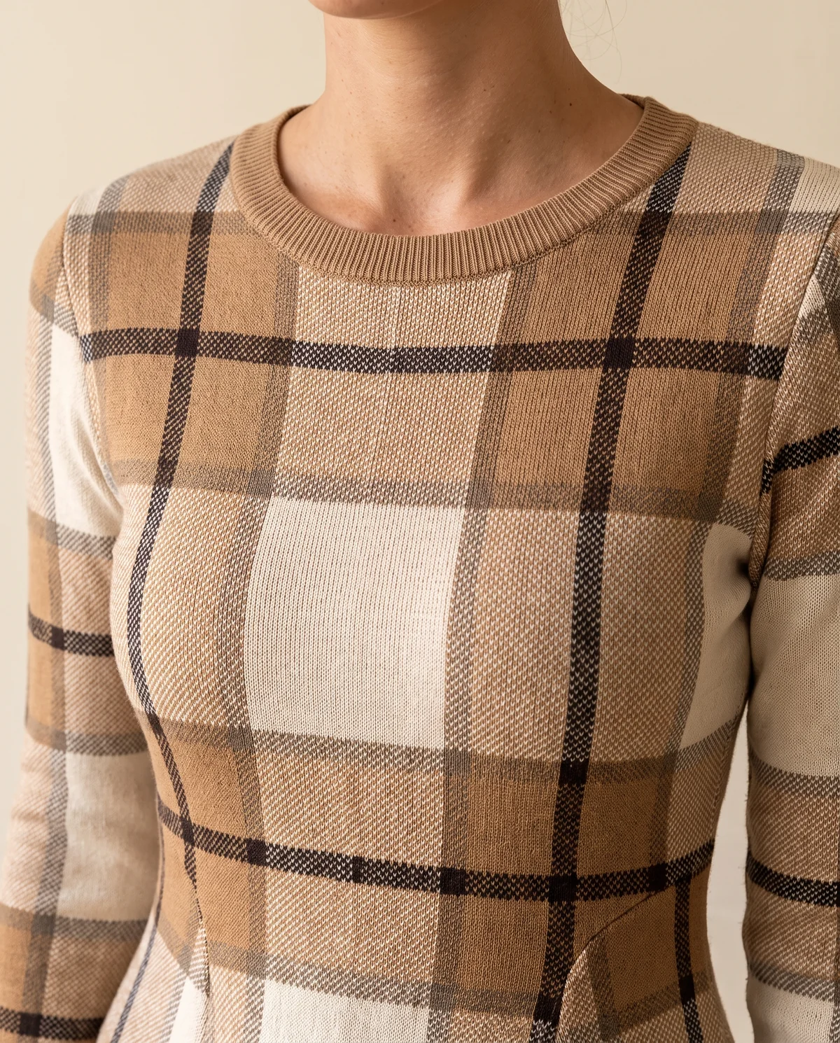Plaid Knit Fit-and-Flare Mini Dress in Plaid, close-up of the detail