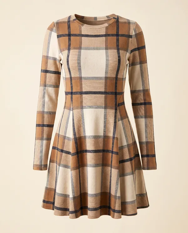 Plaid Knit Fit-and-Flare Mini Dress in Plaid, product shot on a plain background