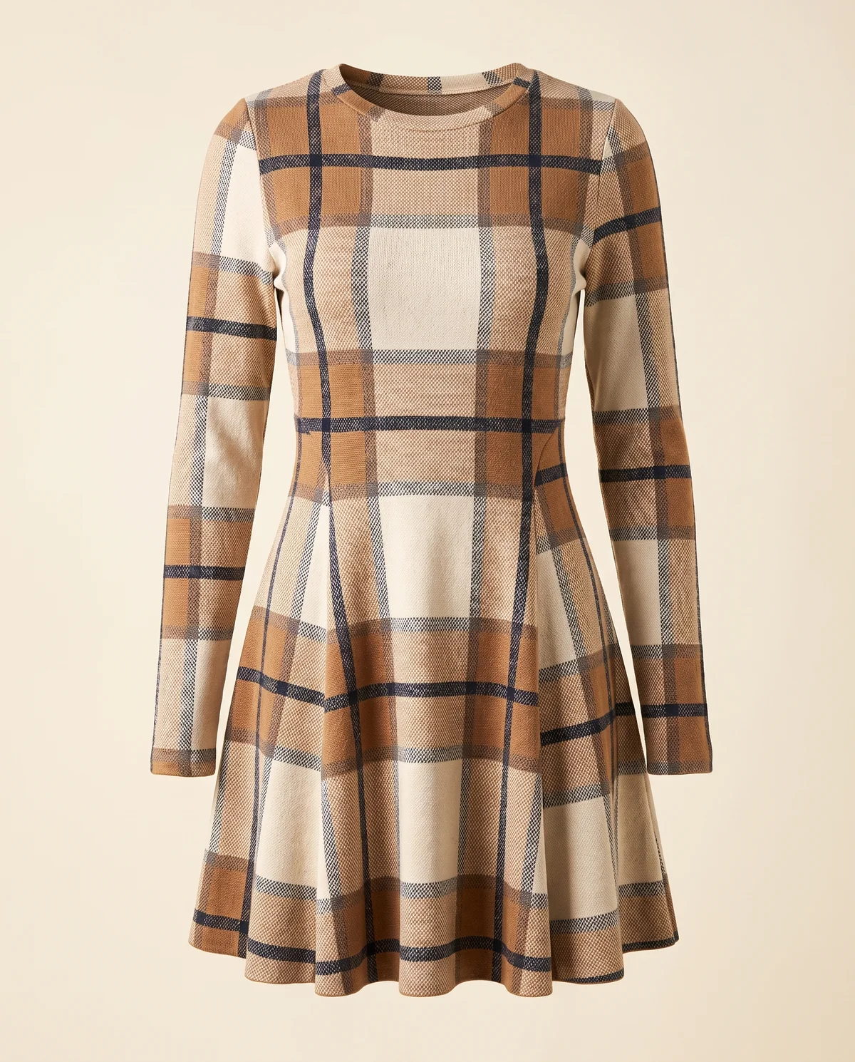 Plaid Knit Fit-and-Flare Mini Dress in Plaid, product shot on a plain background