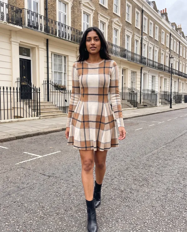 Satin Eve styling: Plaid Knit Fit-and-Flare Mini Dress