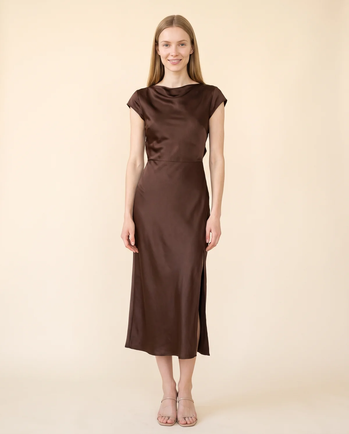 Satin Tie-Back Cap-Sleeve Midi Dress in Chocolate, front view, worn by Maya