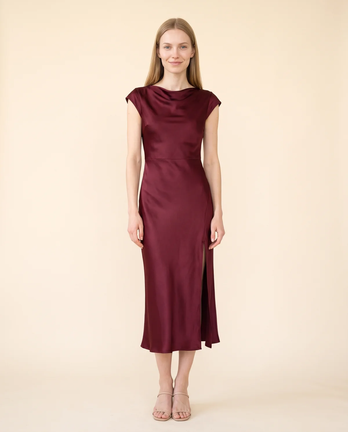 Satin Tie-Back Cap-Sleeve Midi Dress in Wine, front view, worn by Maya