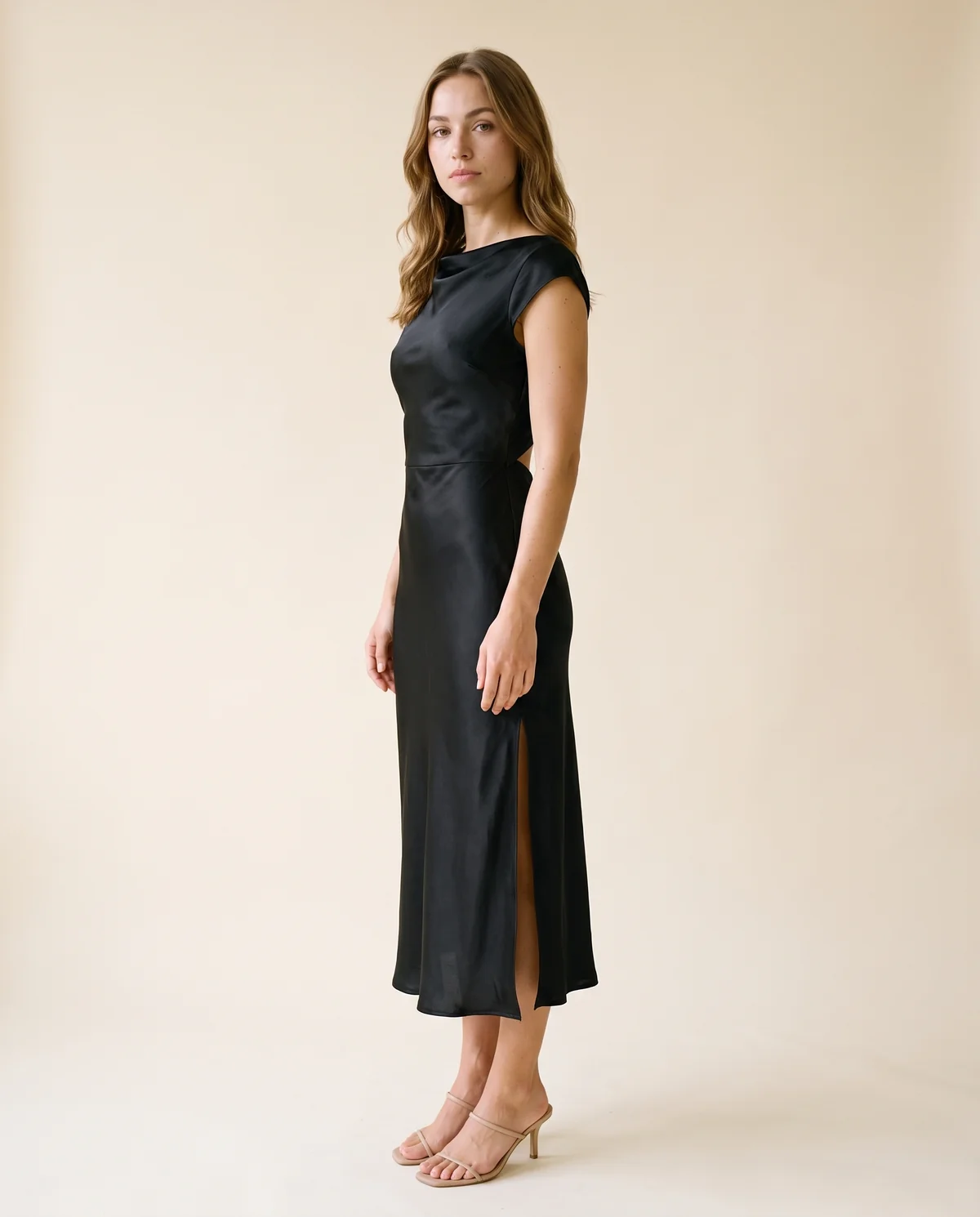 Satin Tie-Back Cap-Sleeve Midi Dress in Black, side view, worn by Ava