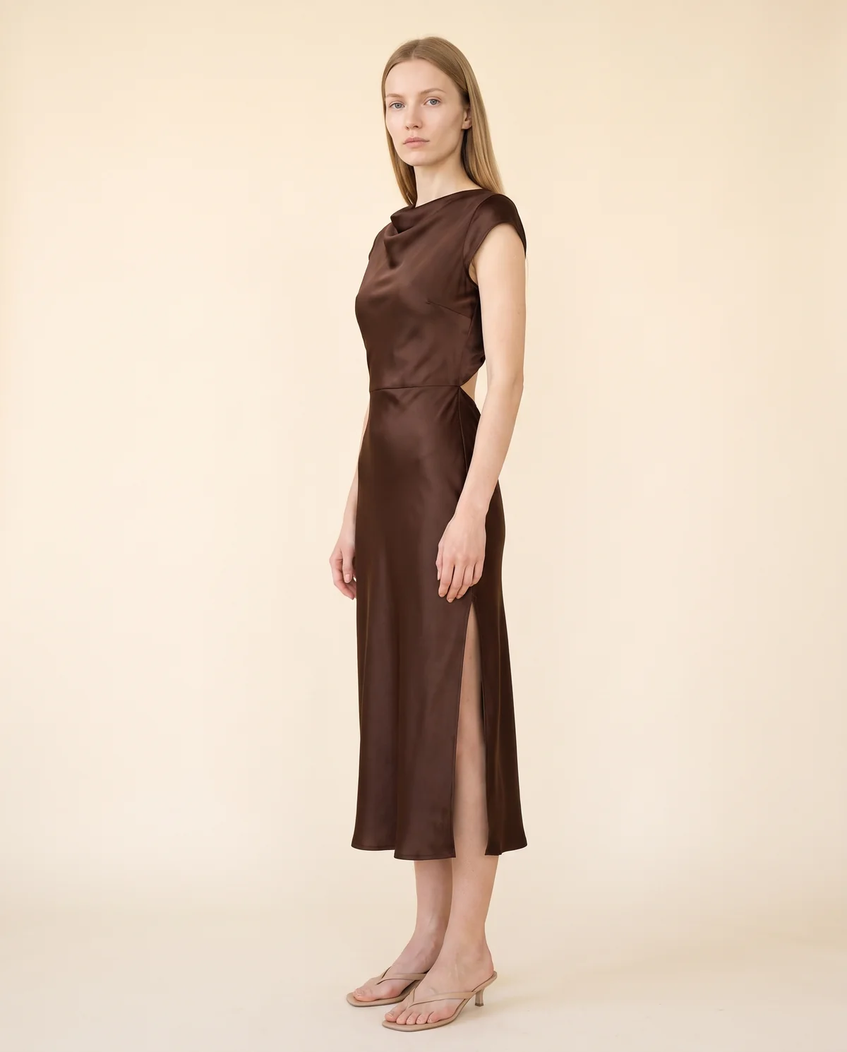 Satin Tie-Back Cap-Sleeve Midi Dress in Chocolate, side view, worn by Maya