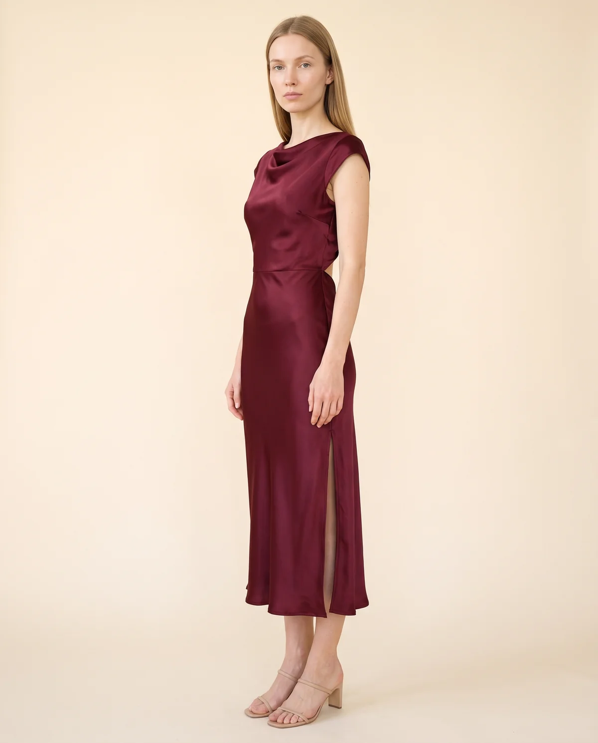 Satin Tie-Back Cap-Sleeve Midi Dress in Wine, side view, worn by Maya