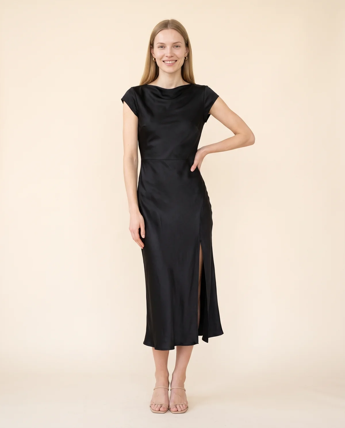 Satin Tie-Back Cap-Sleeve Midi Dress in Black, front view, worn by Maya