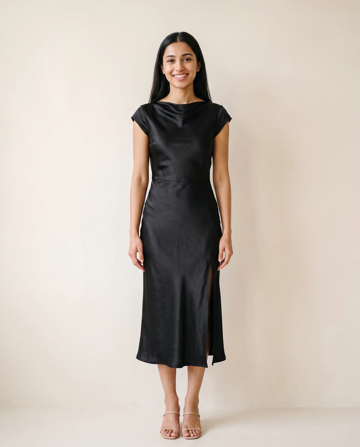 Satin Tie-Back Cap-Sleeve Midi Dress in Black, front view, worn by Priya