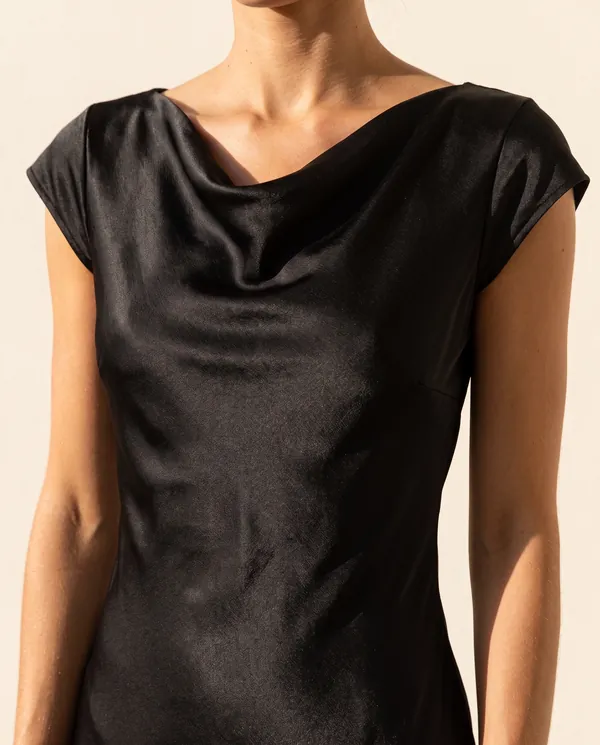 Satin Tie-Back Cap-Sleeve Midi Dress in Black, close-up of the detail