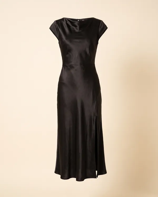 Satin Tie-Back Cap-Sleeve Midi Dress in Black, product shot on a plain background