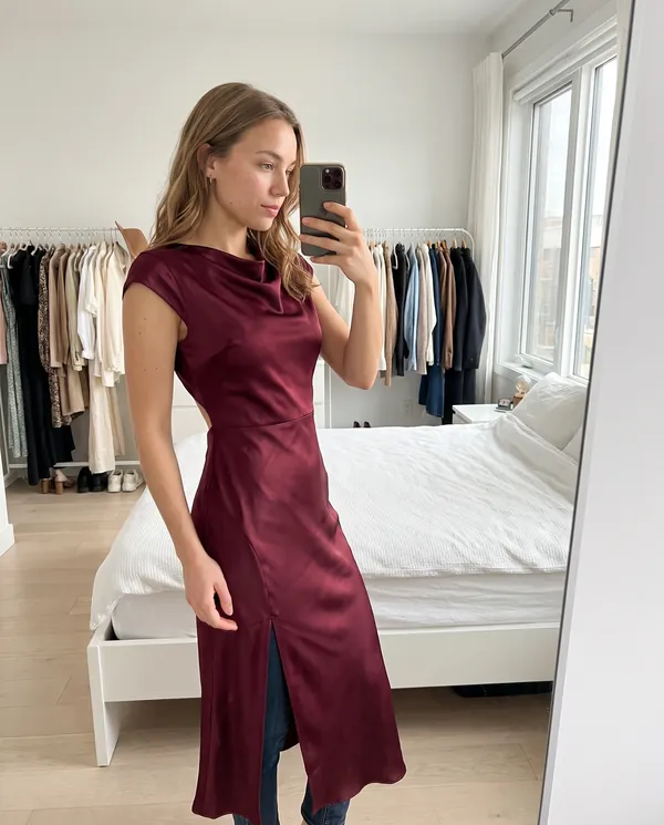 Satin Eve styling: Satin Tie-Back Cap-Sleeve Midi Dress