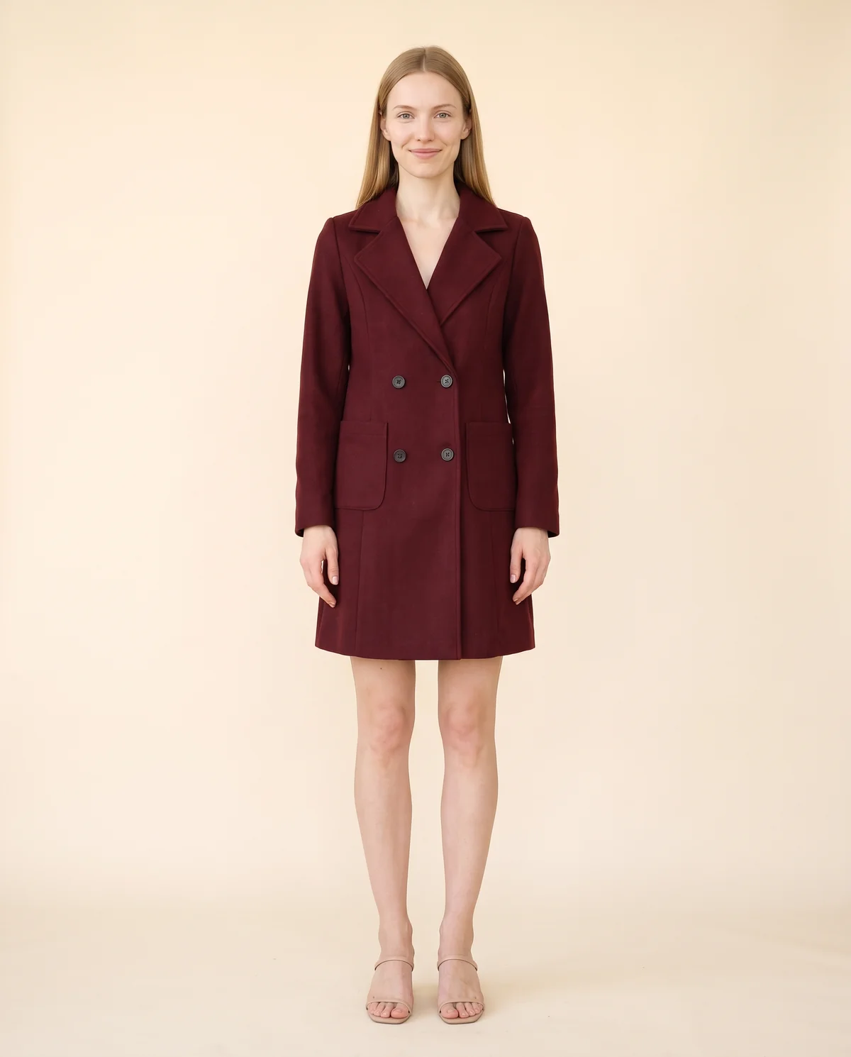Wool-Look Blazer Coat in Burgundy, front view, worn by Maya