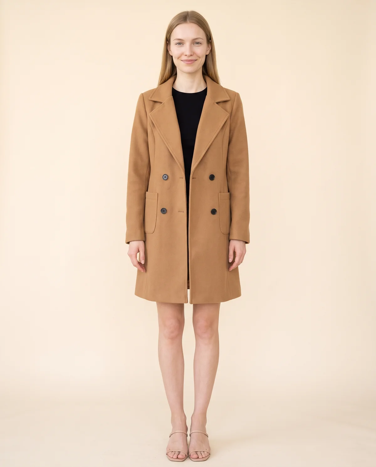 Wool-Look Blazer Coat in Camel, front view, worn by Maya