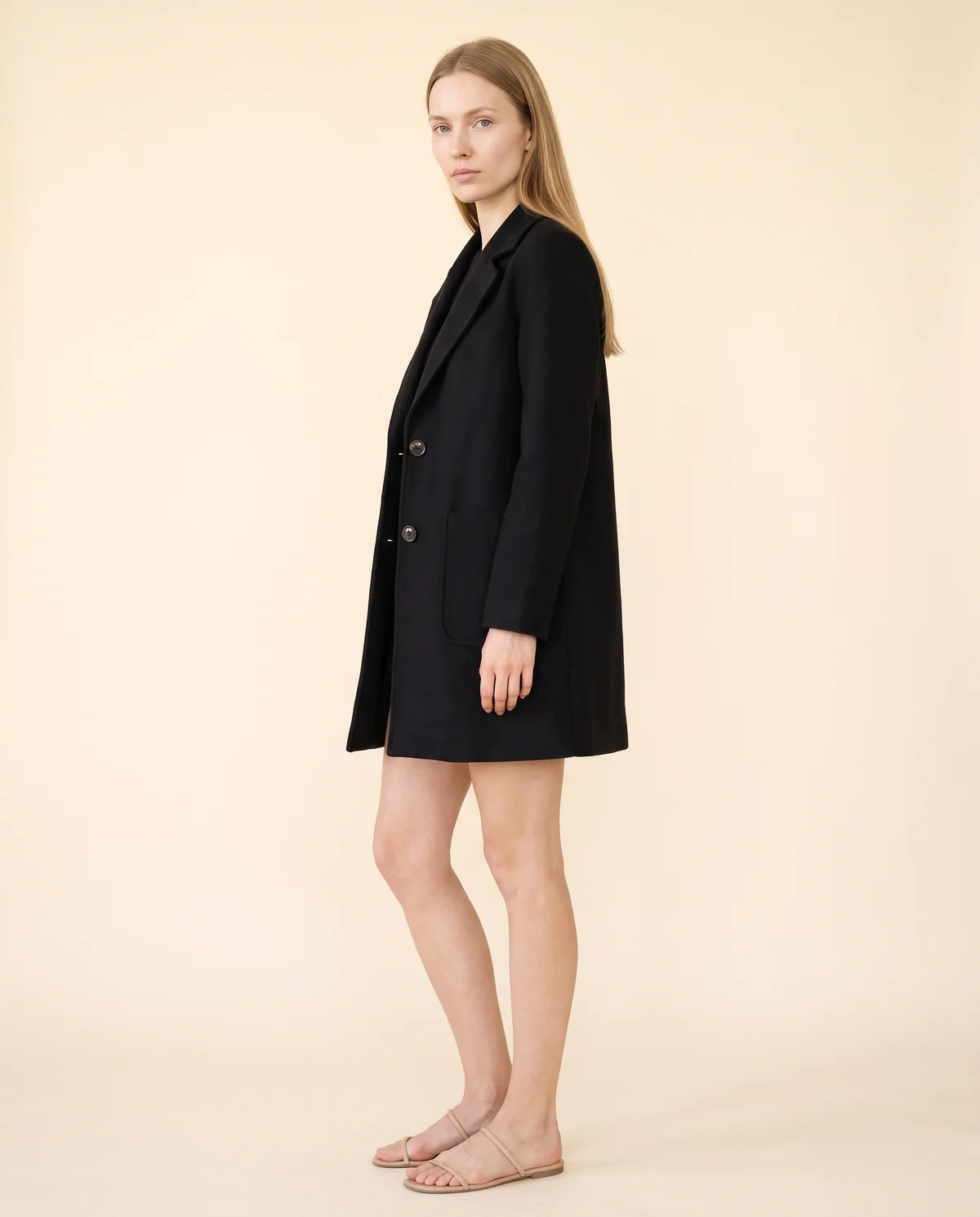 Wool-Look Blazer Coat in Black, side view, worn by Maya