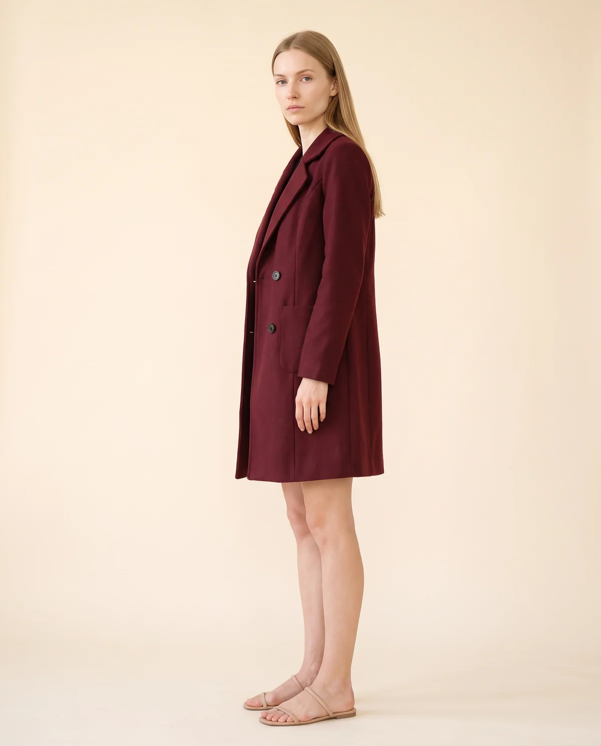 Wool-Look Blazer Coat in Burgundy, side view, worn by Maya