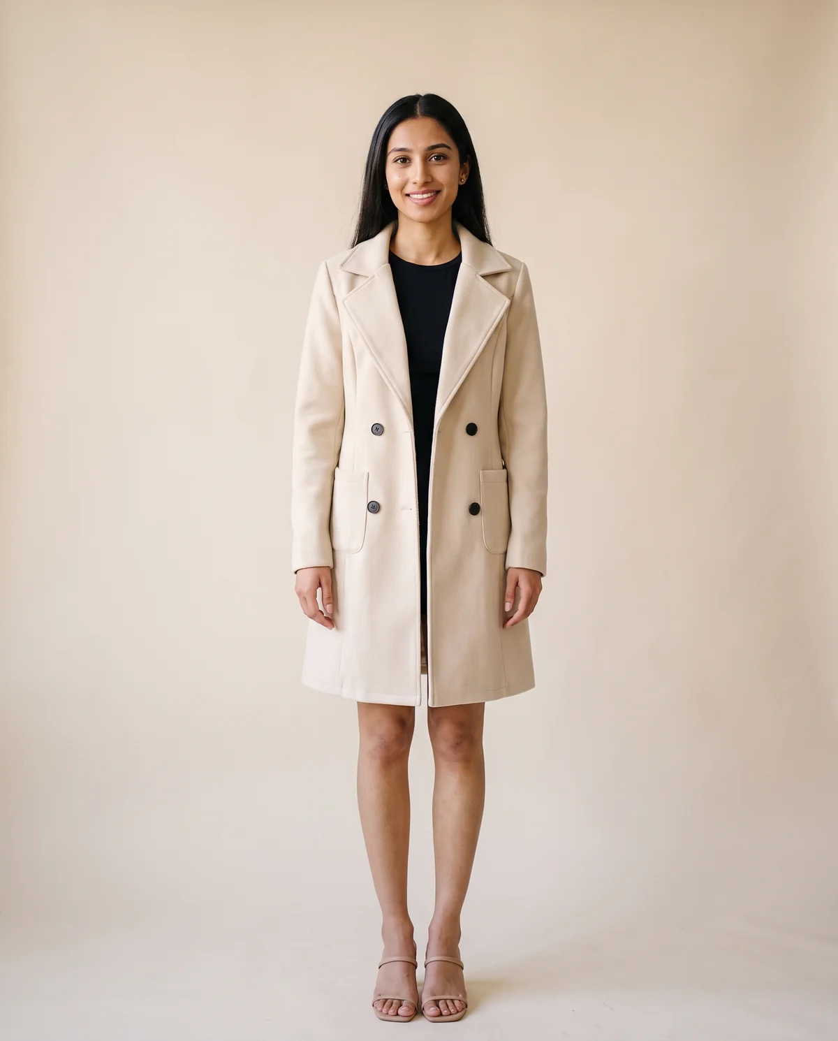 Wool-Look Blazer Coat in Cream, front view, worn by Priya