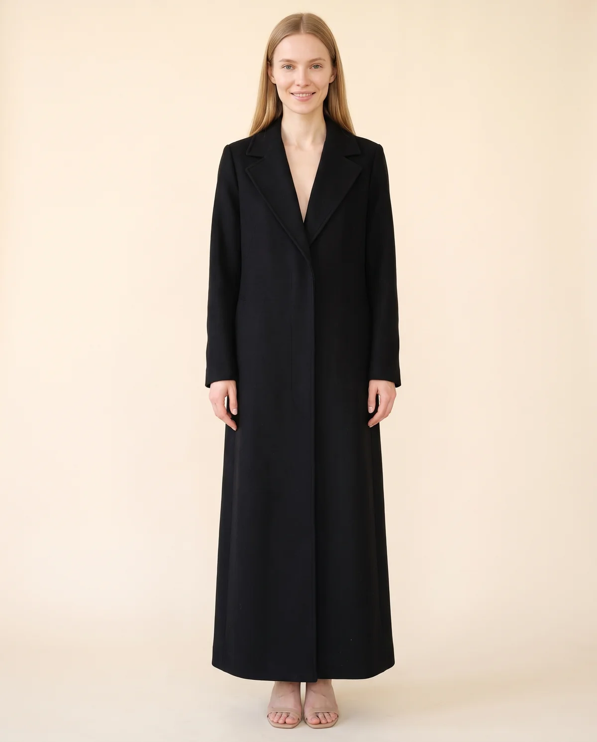 Extra-Long Wool-Look Coat with Back Vent in Black, front view, worn by Maya