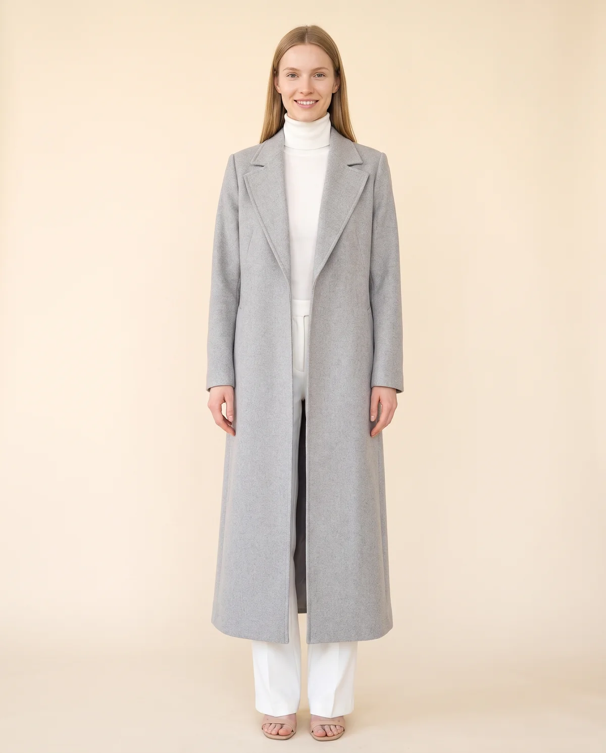 Extra-Long Wool-Look Coat with Back Vent in Light Grey, front view, worn by Maya