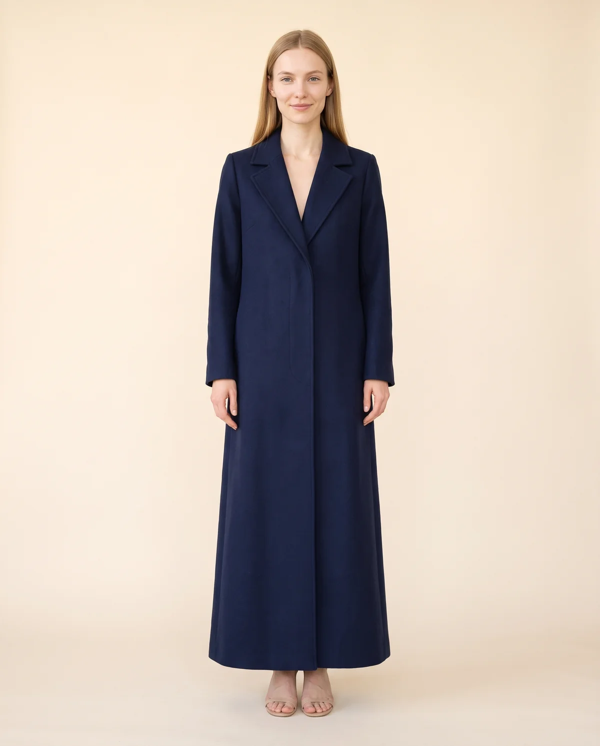 Extra-Long Wool-Look Coat with Back Vent in Navy, front view, worn by Maya