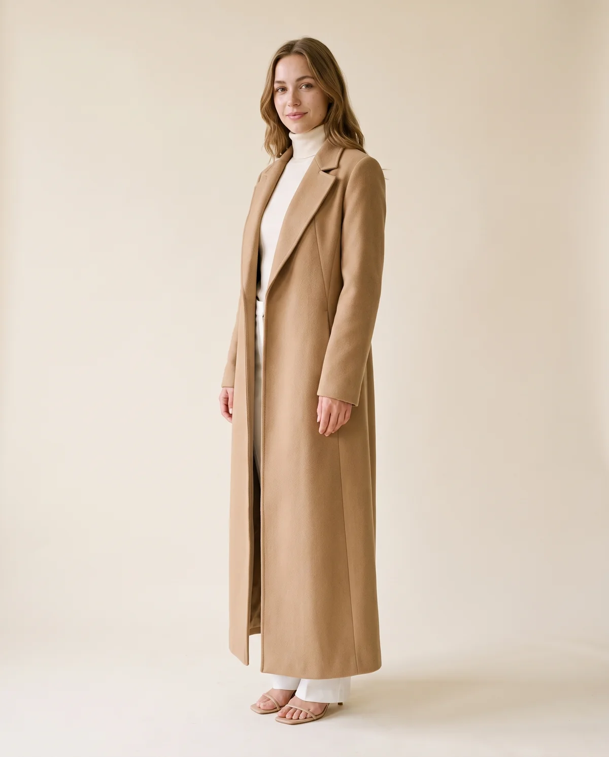 Extra-Long Wool-Look Coat with Back Vent in Camel, side view, worn by Ava