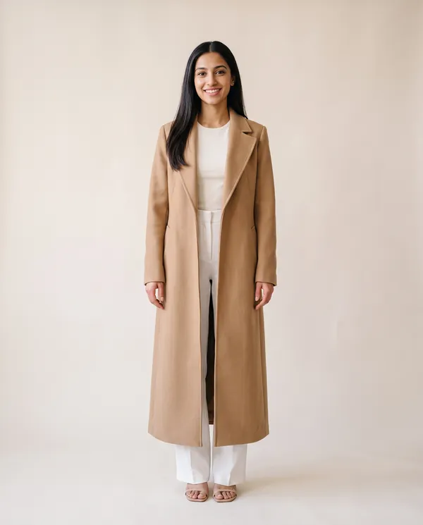 Extra-Long Wool-Look Coat with Back Vent in Camel, front view, worn by Priya
