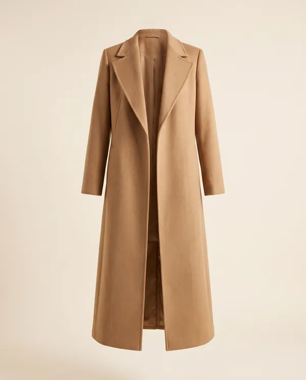 Extra-Long Wool-Look Coat with Back Vent in Camel, product shot on a plain background