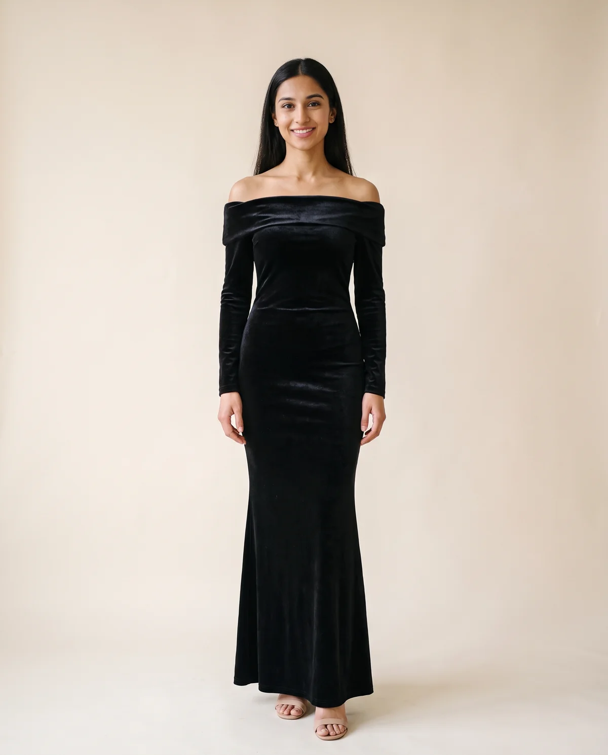 Velvet Off-Shoulder Long-Sleeve Mermaid Maxi in Black, front view, worn by Priya