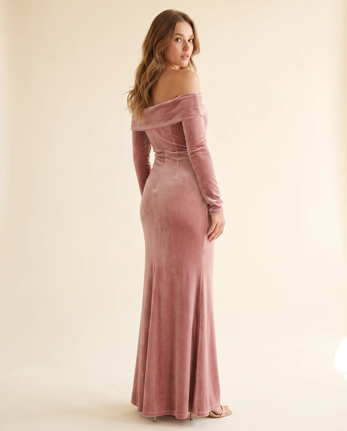 Velvet Off-Shoulder Long-Sleeve Mermaid Maxi in Dusty Rose, back view, worn by Ava