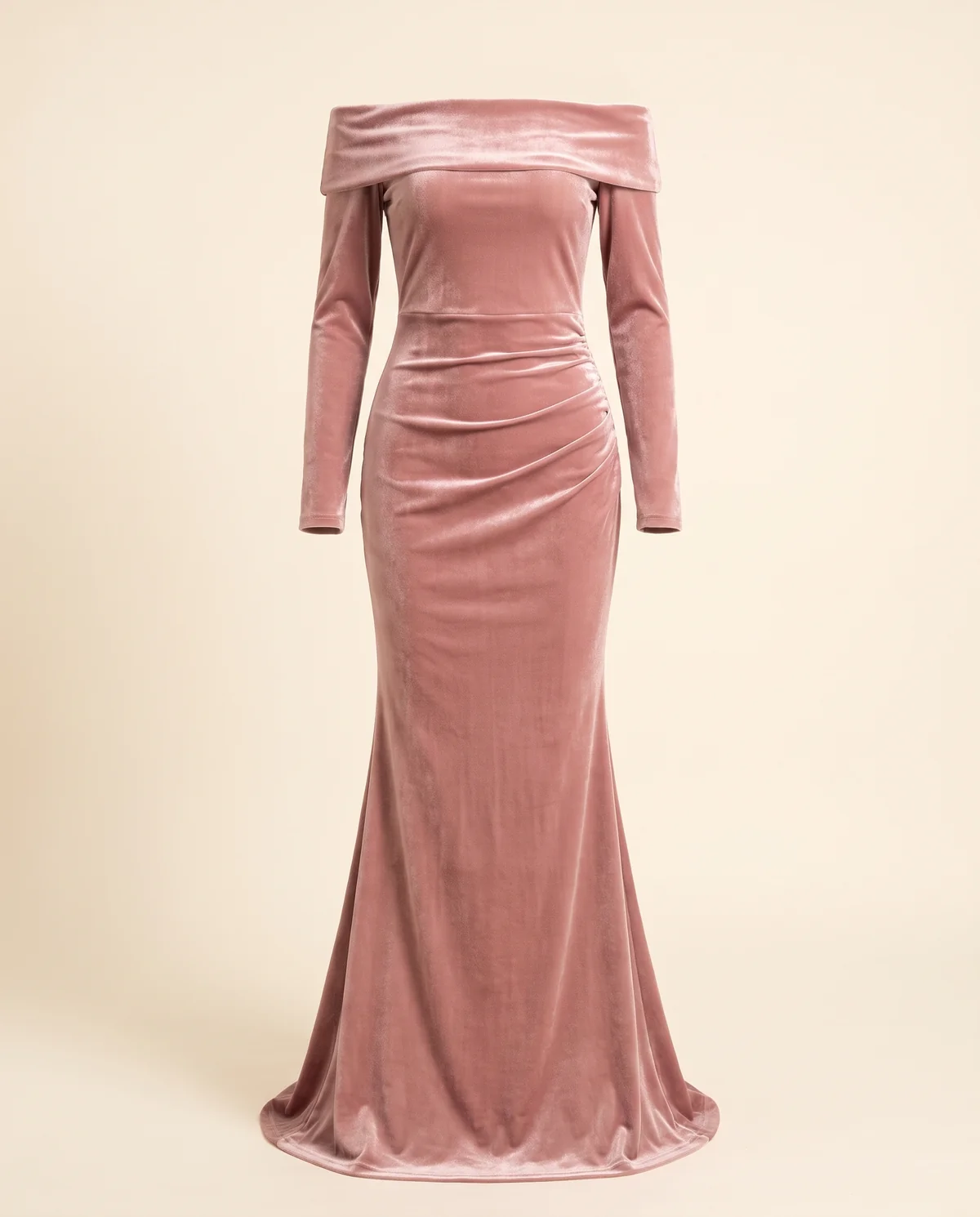 Velvet Off-Shoulder Long-Sleeve Mermaid Maxi in Dusty Rose, product shot on a plain background