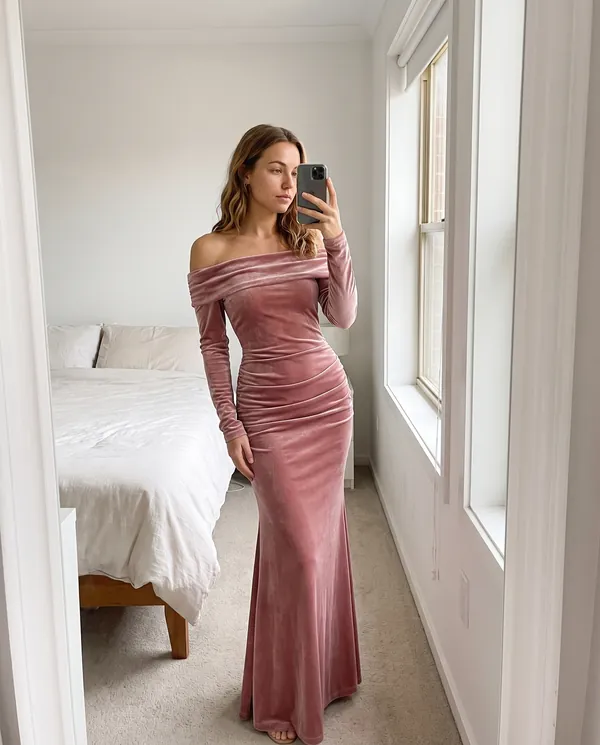 Satin Eve styling: Velvet Off-Shoulder Long-Sleeve Mermaid Maxi