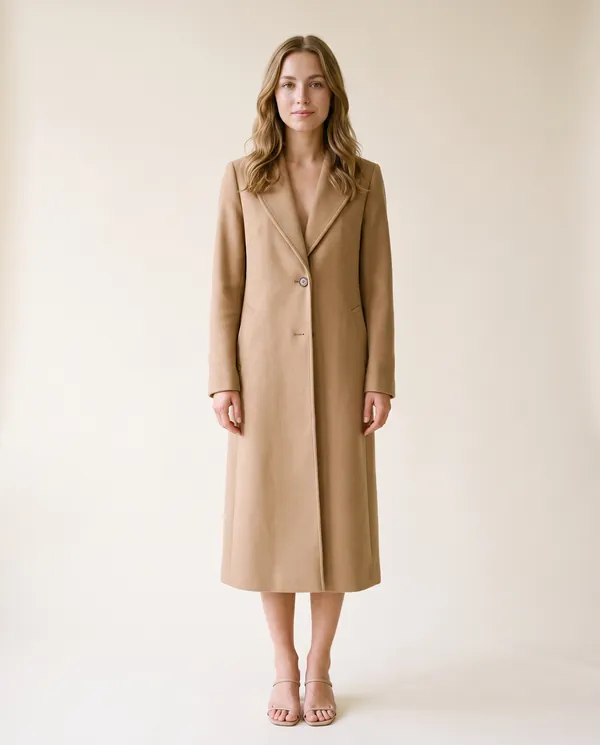 Long Wool-Look Suit-Collar Coat in Camel, front view, worn by Ava
