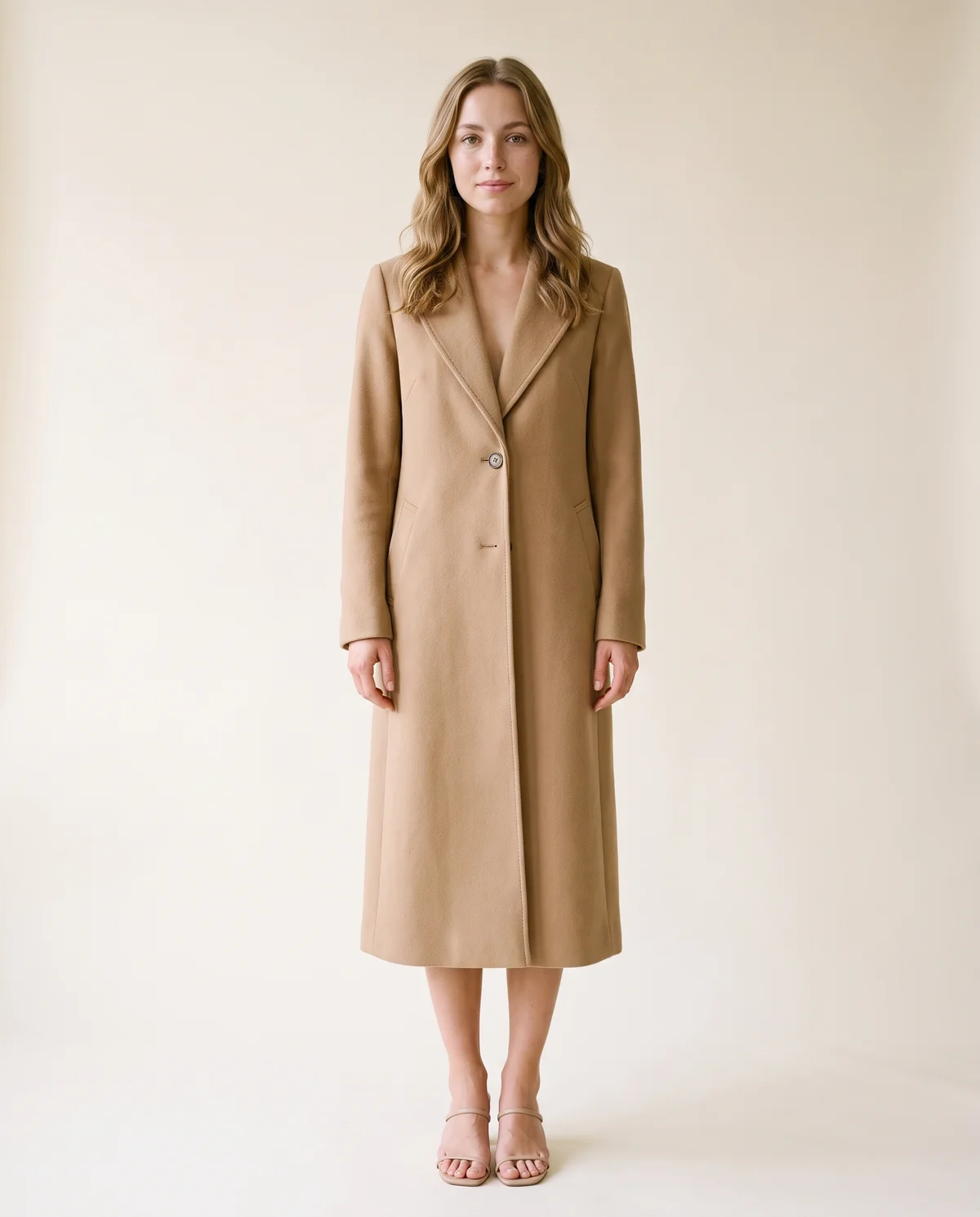 Long Wool-Look Suit-Collar Coat in Camel, front view, worn by Ava