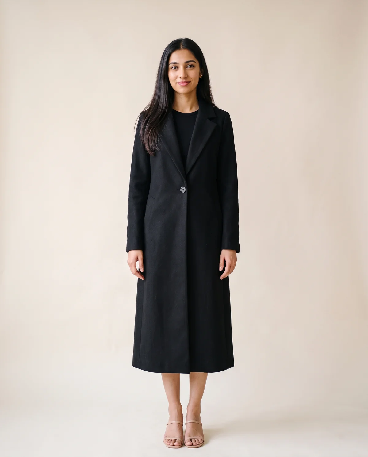 Long Wool-Look Suit-Collar Coat in Black, front view, worn by Priya