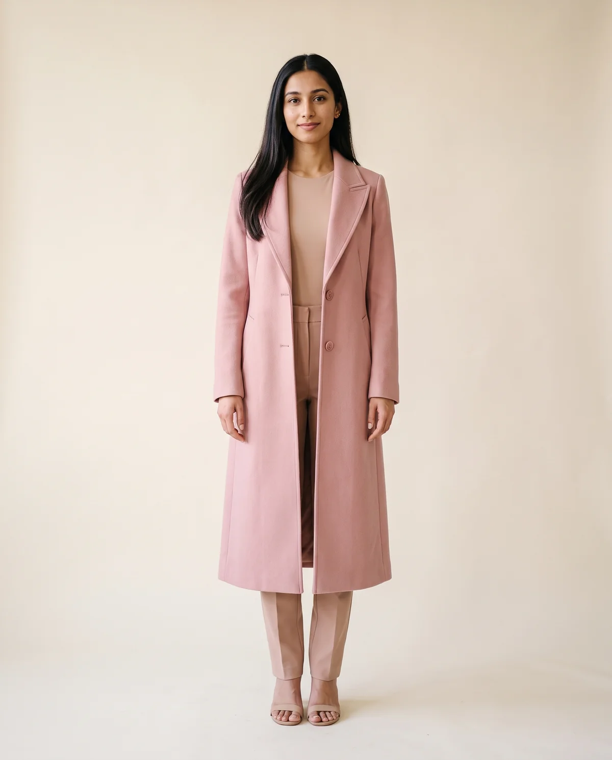 Long Wool-Look Suit-Collar Coat in Blush, front view, worn by Priya