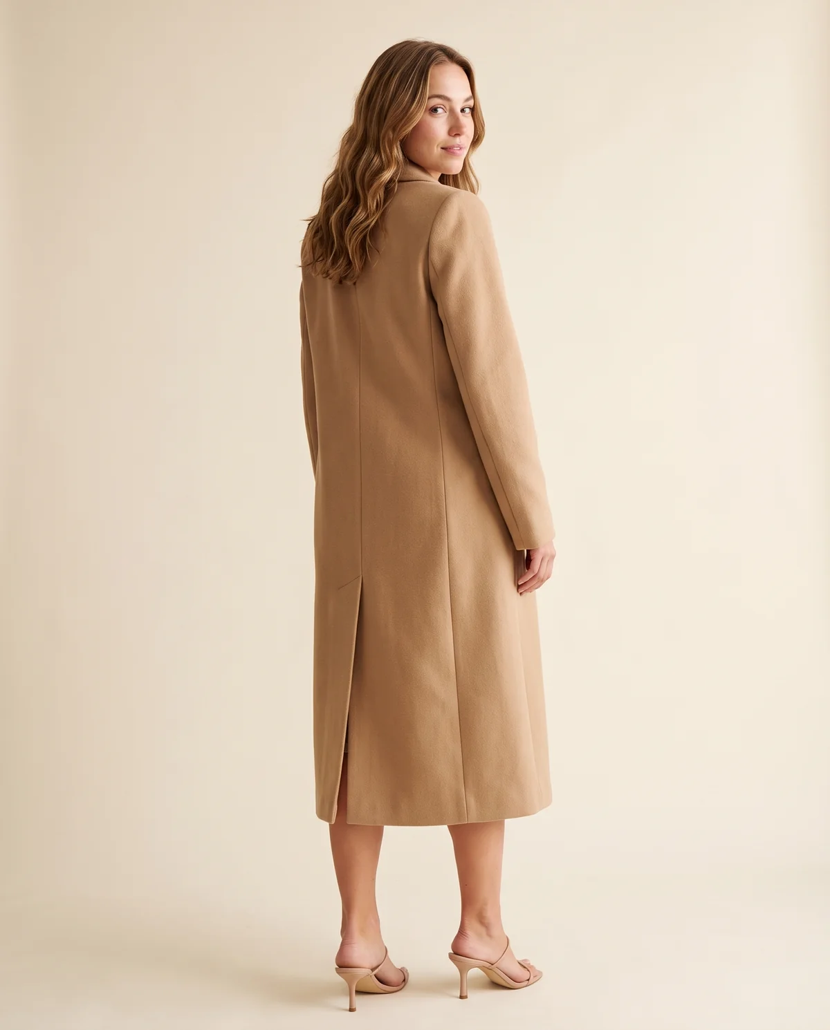 Long Wool-Look Suit-Collar Coat in Camel, back view, worn by Ava