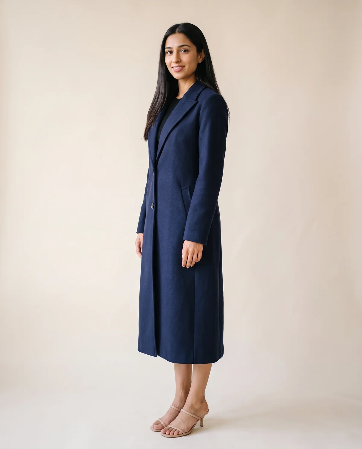Long Wool-Look Suit-Collar Coat in Navy, side view, worn by Priya