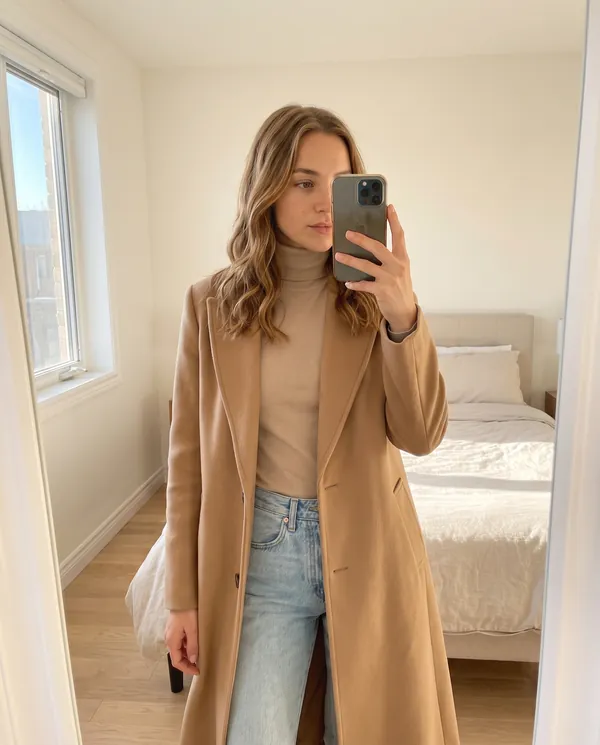 Satin Eve styling: Long Wool-Look Suit-Collar Coat