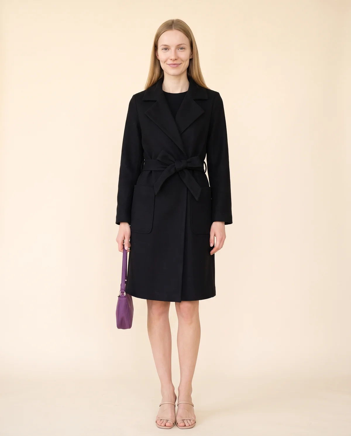 Belted Wool-Look Wrap Coat in Black, front view, worn by Maya