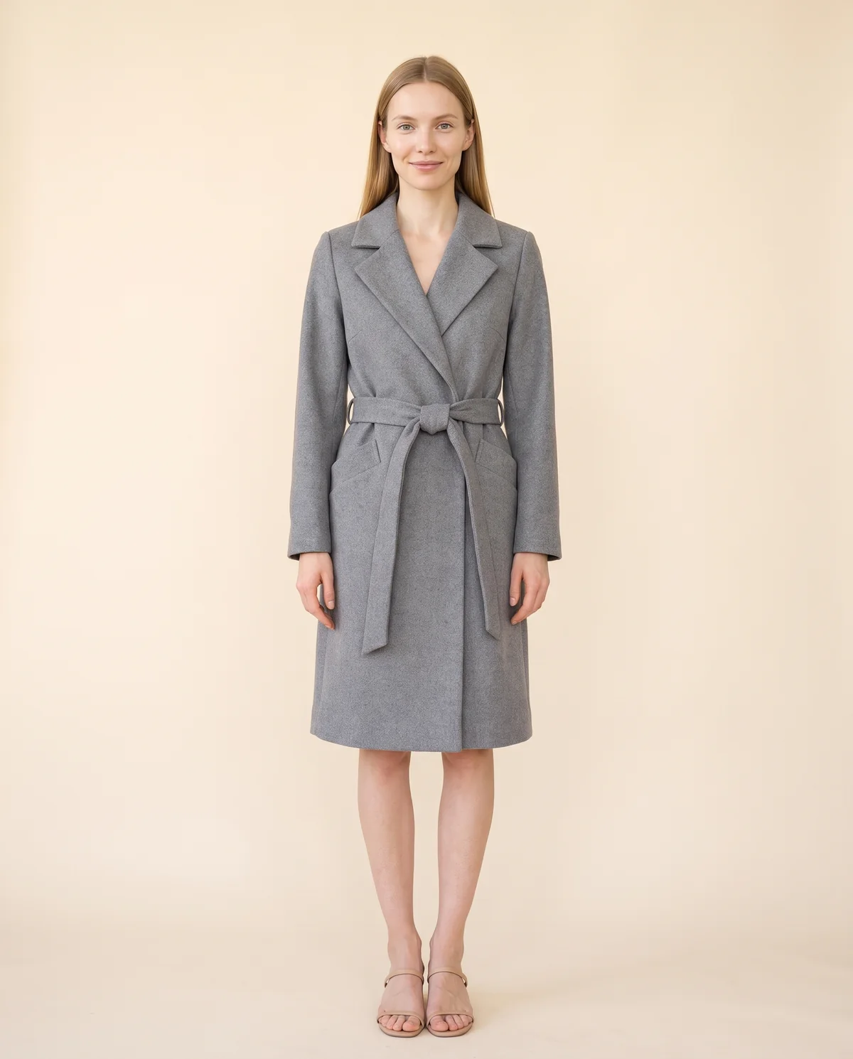 Belted Wool-Look Wrap Coat in Grey, front view, worn by Maya