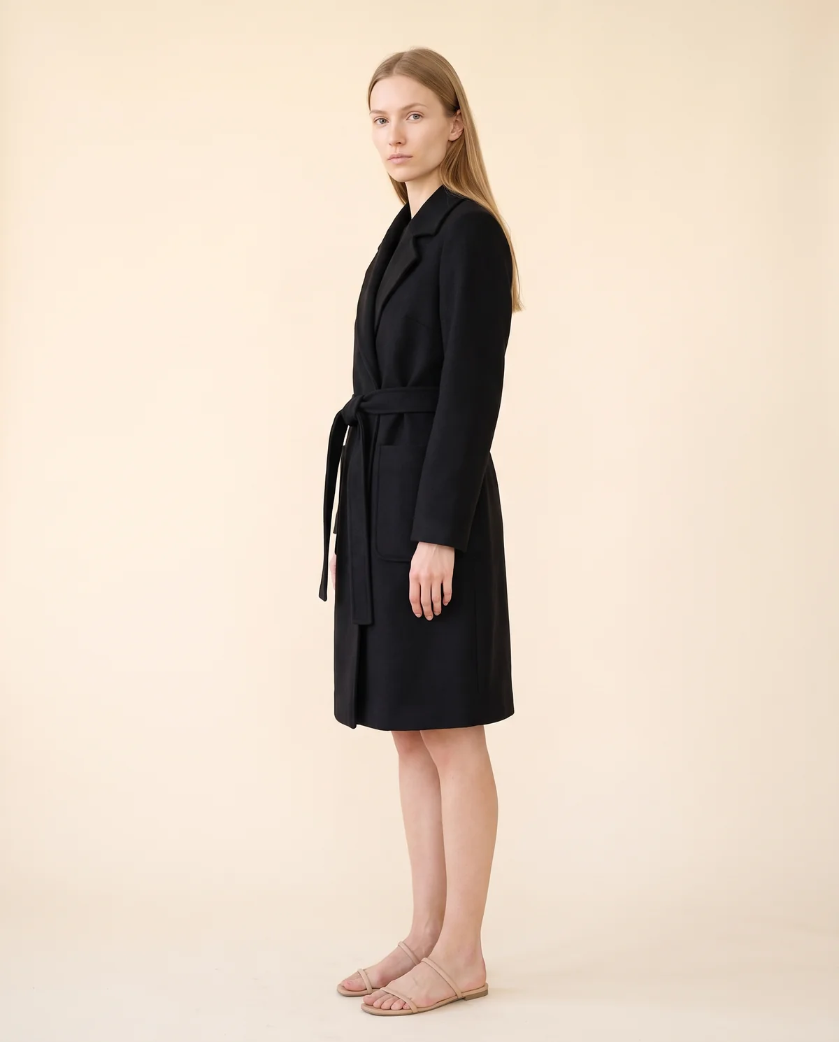 Belted Wool-Look Wrap Coat in Black, side view, worn by Maya