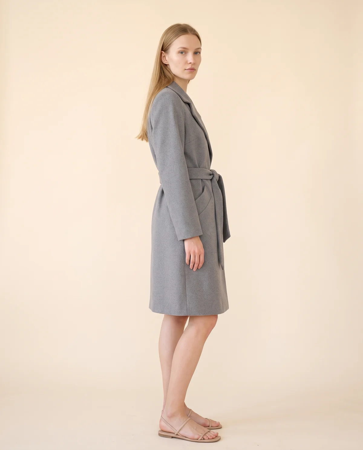 Belted Wool-Look Wrap Coat in Grey, side view, worn by Maya