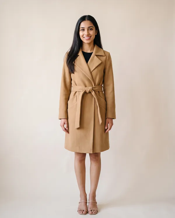 Belted Wool-Look Wrap Coat in Camel, front view, worn by Priya