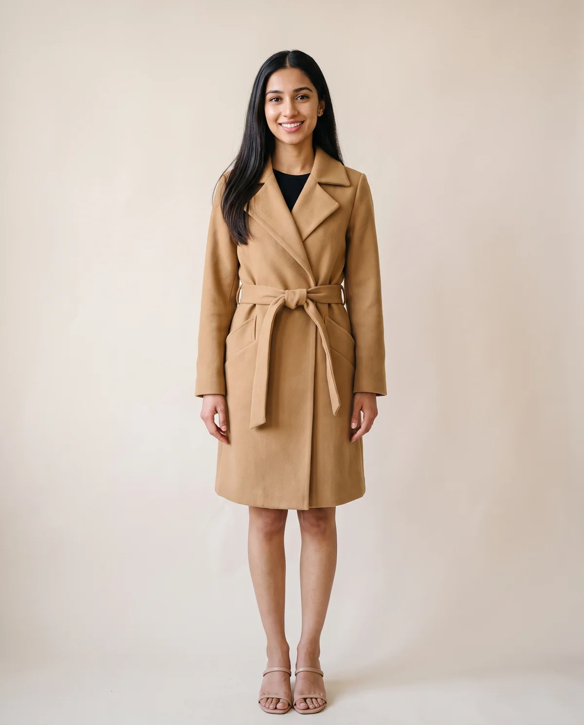 Belted Wool-Look Wrap Coat in Camel, front view, worn by Priya