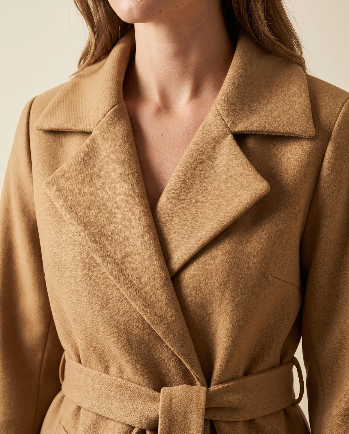 Belted Wool-Look Wrap Coat in Camel, close-up of the detail