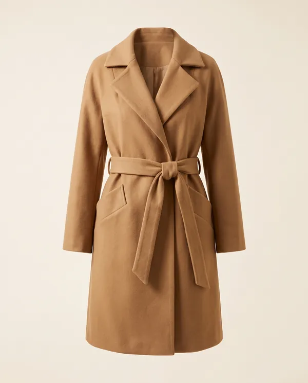 Belted Wool-Look Wrap Coat in Camel, product shot on a plain background