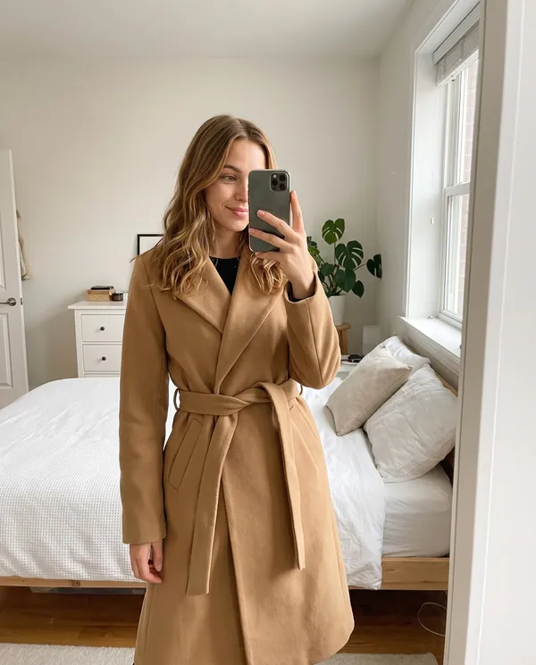 Satin Eve styling: Belted Wool-Look Wrap Coat