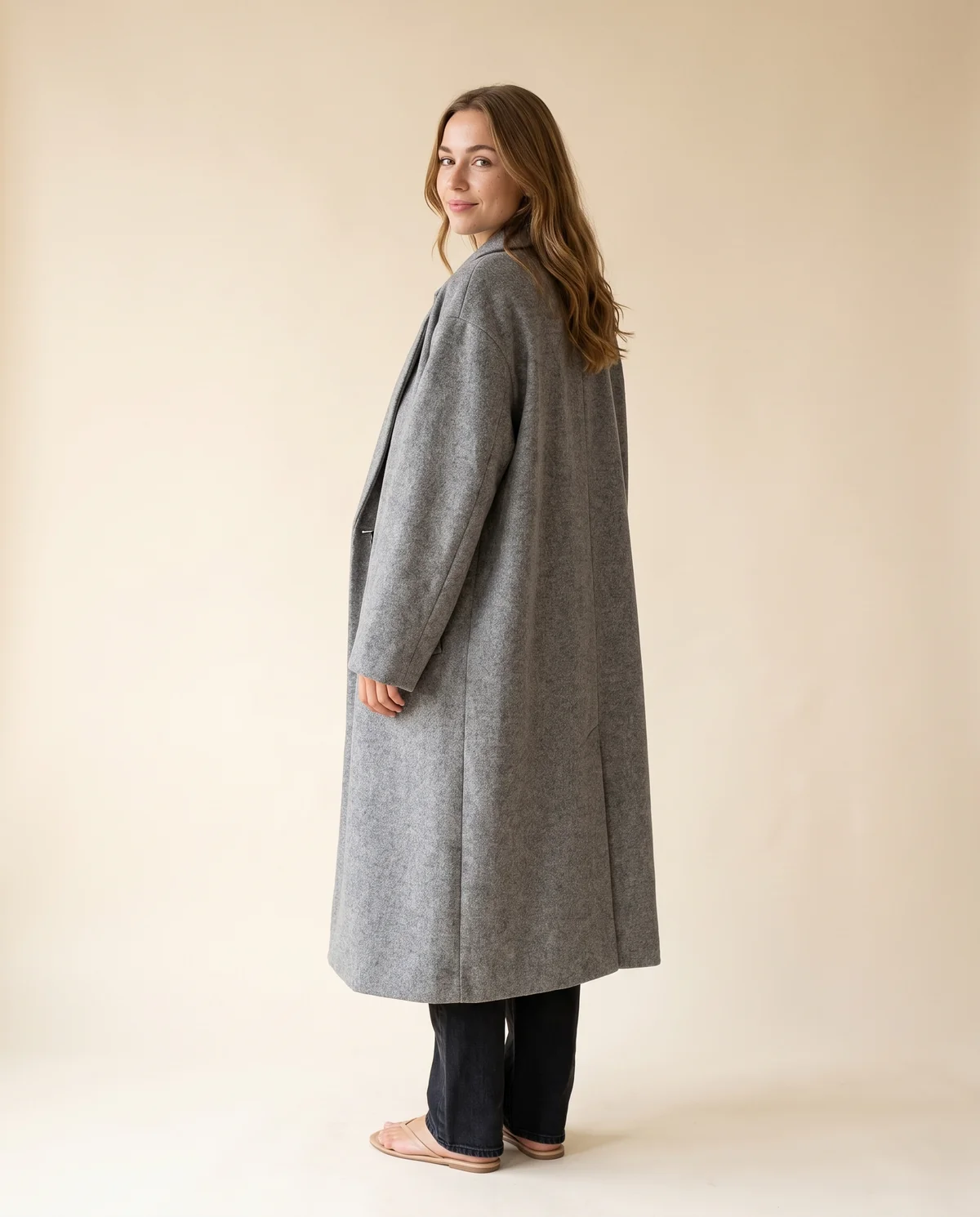 Oversized Grey Wool-Look Coat in Grey Marl, back view, worn by Ava