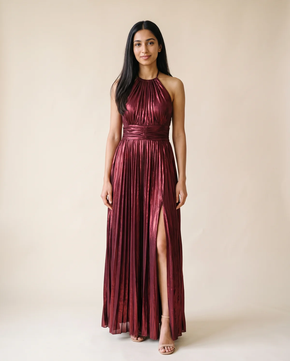Metallic Pleated Halter Maxi Dress in Wine, front view, worn by Priya