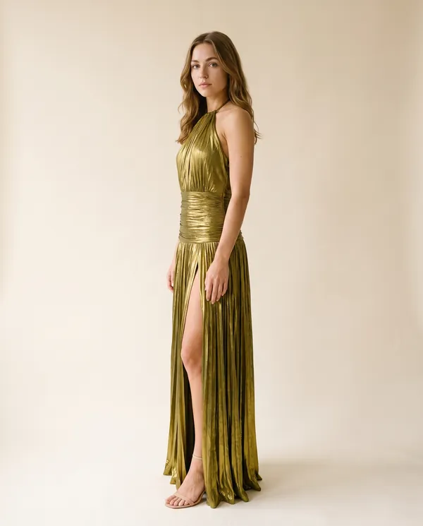 Metallic Pleated Halter Maxi Dress in Olive Gold, side view, worn by Ava
